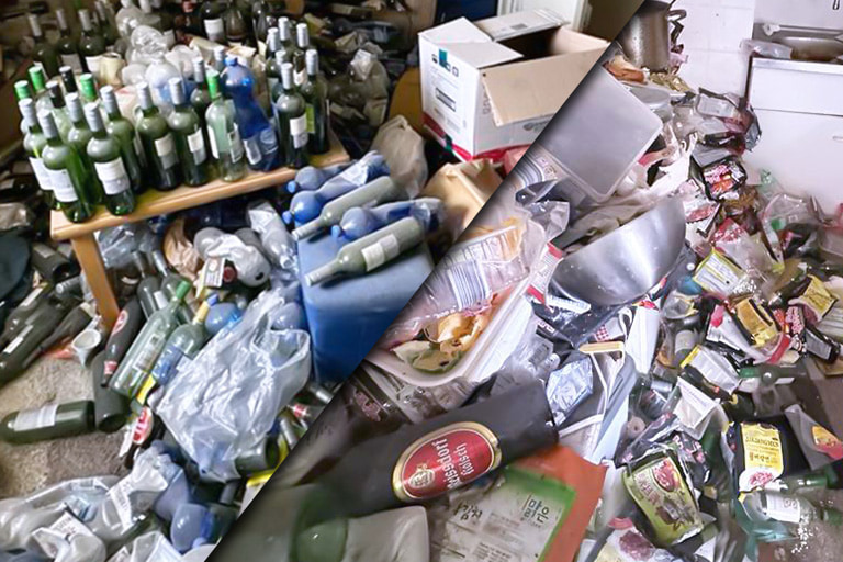 Diverse Räume einer Messiwohnung in Übermülltem Zustand